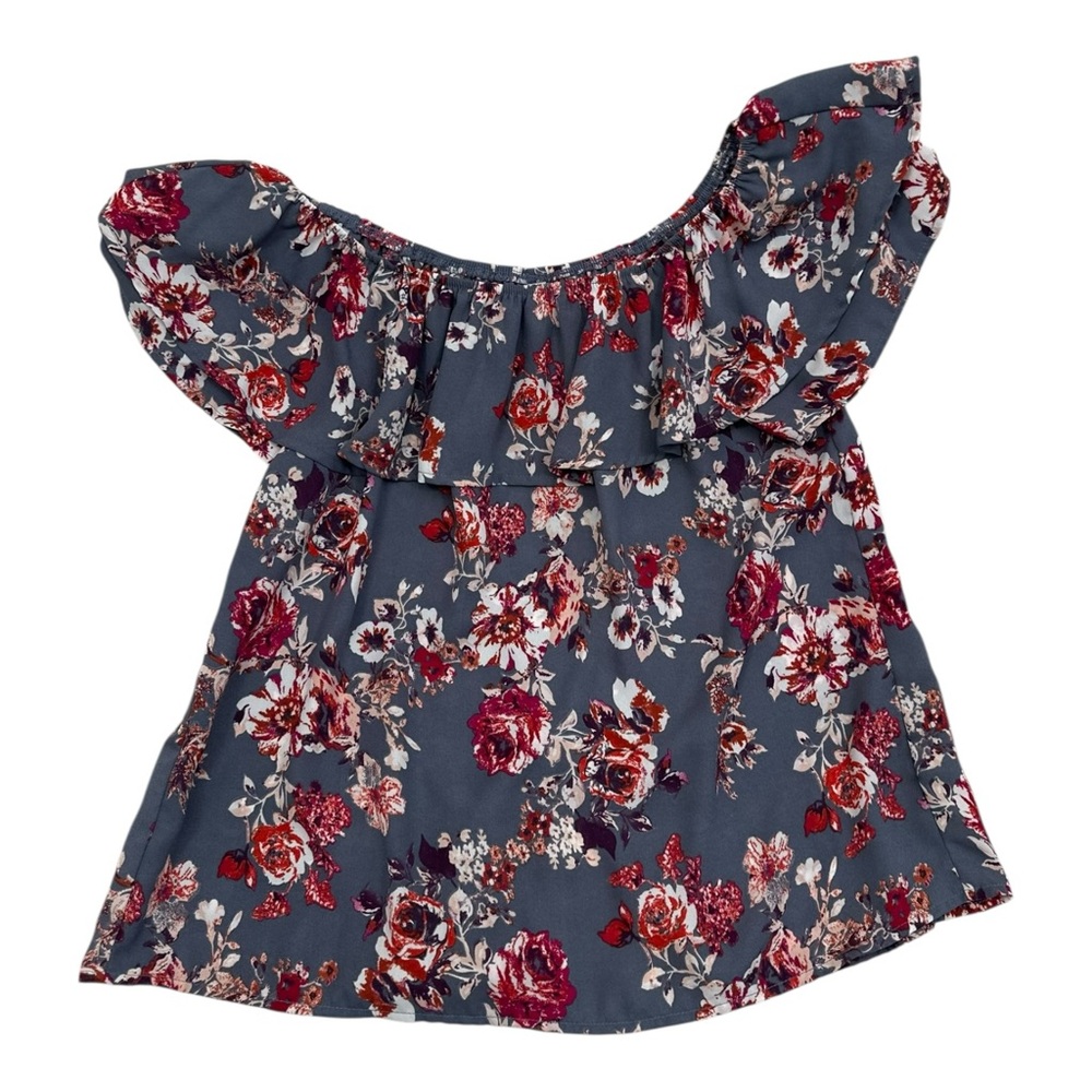 Xhilaration Gray Floral Ruffle Off-Shoulder Blouse - Size Small